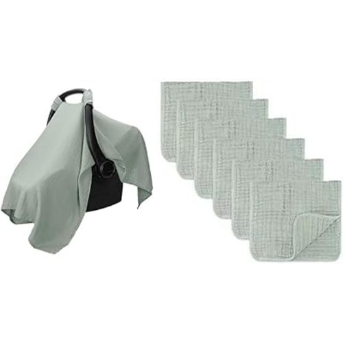 Muslin Cotton Baby Car Seat Cover and Muslin Burp Cloths Bundled by Comfy Cubs