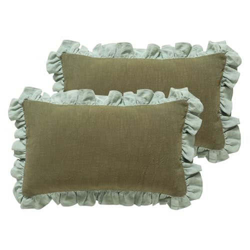 patdrea Shabby Chic Green Decorative Throw Pillow Covers 12x20 Set of 2,Farmhouse Linen Pillow Covers with Ruffles,Rectangle Sturdy Throw Pillow Case for Couch Sofa Bed Living Room
