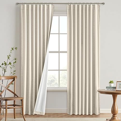 EMEMA Cream Beige Linen Blackout Curtains 84 inch Long 2 Panels Set for Bedroom Back Tab Thermal Insulated 100% Black Out Drapes Pinch Pleated Hooks Room Darkening Window Curtain for Living Room