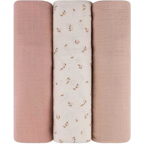 Ely's & Co. Muslin Swaddle Blankets 3-Pack for Baby Girl, 100% Cotton Muslin Extra Large Swaddle Receiving Blankets, 47”x47” (Pink-Cream Floral)