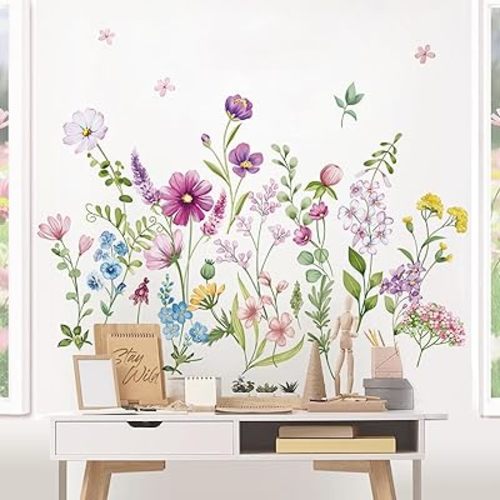wondever Purple Wildflower Wall Stickers Garden Flower Daisy Floral Botanical Wall Art Decals for Bedroom Living Room Sofa