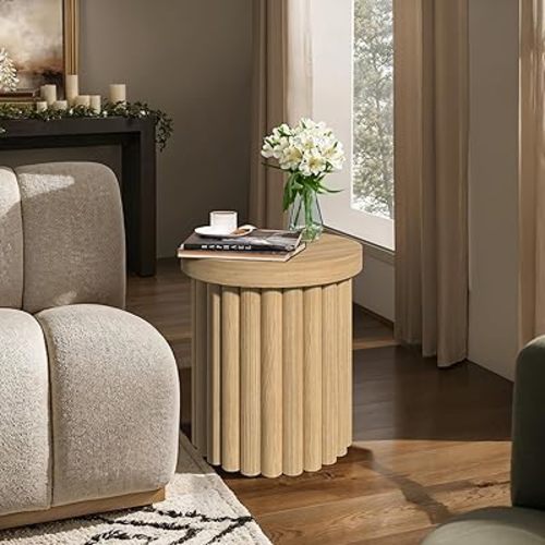 LuxenHome Wood Round Side Table, 19" Fluted Small End Table for Small Spaces, Mid Century Modern Wooden Accent Table, Small Bedside Table, Couch Side Table, Nightstand for Living Room Bedroom Couch