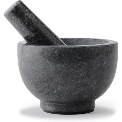 Koville African Natural Granite Mortar and Pestle Set, Grinder Bowl for Guacamole, Salsa, Pill Crusher, Spice, Herb, Garlic, Nut, Heavy Duty Grinder for Kitchen (Glossy Finish)