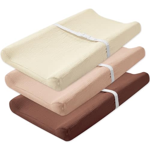 SNOOZYNEST 3 Pack Muslin Changing Pad Cover, Solid Changing Table Pad Cover, Soft Breathable Double Layer Boho Changing Pad Sheets Fit for Standard Changing Pad 16" x 32" (Cedar & Peach & Beige)