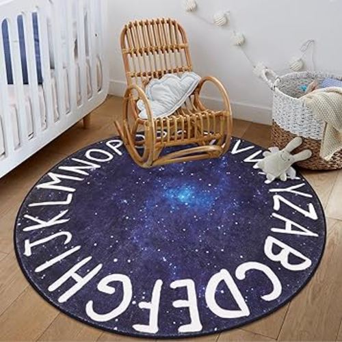 LIVEBOX Space Round ABC Rug for Kids Playroom, Alphabet Nursery Rug Crawling Play Mat for Children Bedroom, Galaxy Washable Rug Learning Carpet for Baby Toddlers Room (47",Star Blue)