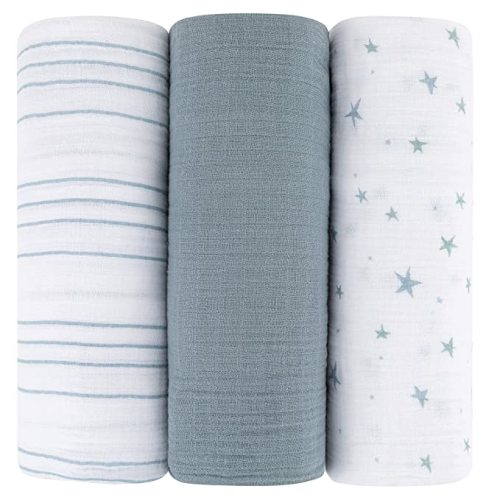Ely's & Co. Muslin Swaddle Blanket 3-Pack for Baby Boy— 100% Cotton Muslin Extra-Large Swaddle Blankets (47”x 47”) — (Misty Blue Stars│Solid│Stripes)