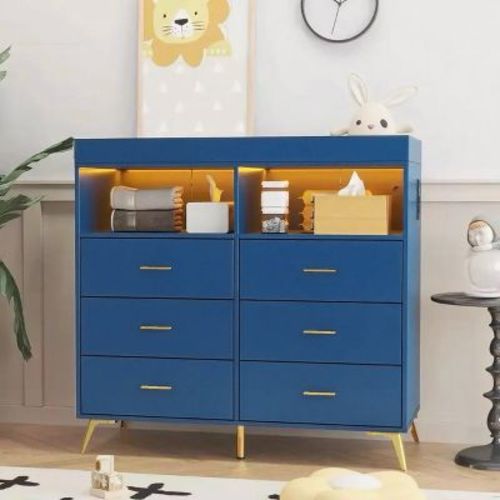 Changing Table Dresser with Drawers, Baby Dresser with Changing Table Top, Power Outlet, LED Light & Metal Feet, Diaper Changing Station