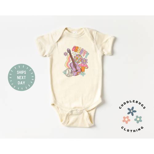 Groovy Baby Onesies® Bodysuit - Retro Groovy Guitar Disco Ball Boho Baby Bodysuit - Baby Shower Gift - New Baby Girl - Natural Bodysuit