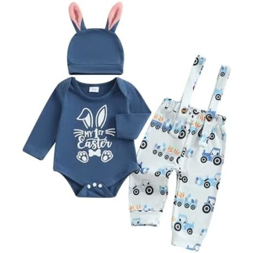 My First Easter Baby Boy Outfit Bunny Letter Print Long Sleeve Romper Suspender Pants Overalls Hat Clothes Set