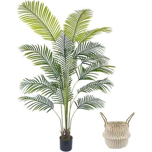 Artificial Palm Tree, 6ft Fake Areca Palm Plant with Basket, Tropical Faux Dypsis Lutescens Plants for Indoor Outdoor Home Office Shop Garden Décor