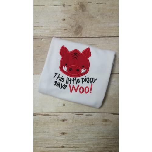 This Little Piggy Says Woo! Embroidered Shirt, Bodysuit, Gown, Burp Cloth or Bib - Razorback Shirt - Hog Shirt