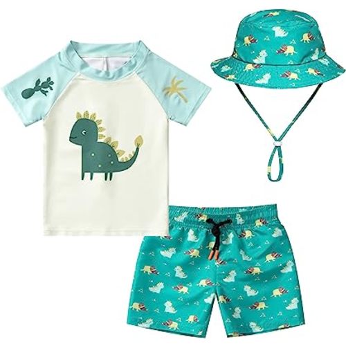 Toddler and Baby Boys' 3-Piece Swimsuit Trunk, Long Sleeve Rashguard Bathing Suit with Hat Set