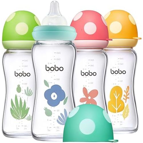 YOHKOH Natural Glass Baby Bottle with Natural Response Nipple, Newborn Anti-Colic Baby Bottles, Wide Neck Mushroom Cap Baby Bottle, Clear (8.8oz (Pack of 4), Multicolour)