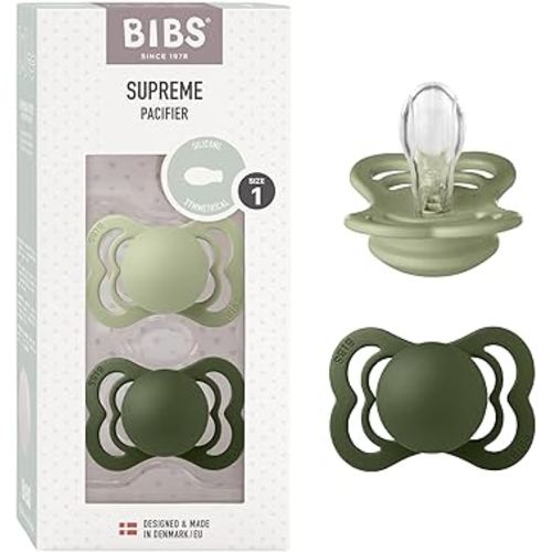 BIBS Supreme Baby Pacifier 2-Pack | Made in Denmark | BPA Free Dummy Soother, Symmetrical Nipple. Silicone, Size 1 (0-6 Months), Sage/Hunter Green