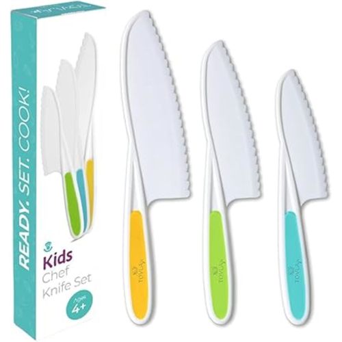 Tovla Jr. Knives for Kids 3-Piece Kitchen Cooking and Baking Knife Set: Montessori Children's Knives in 3 Sizes & Colors/Firm Grip, Serrated Edges, BPA-Free Kids' Toddler Knives (colors vary)