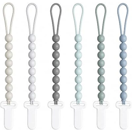 6 Pack Neutral Silicone Pacifier Clips for Boys and Girls, One Piece Beads Pacifier Clip Set with Durable Plastic Clip, Neutral Baby Pacifier Holder Set