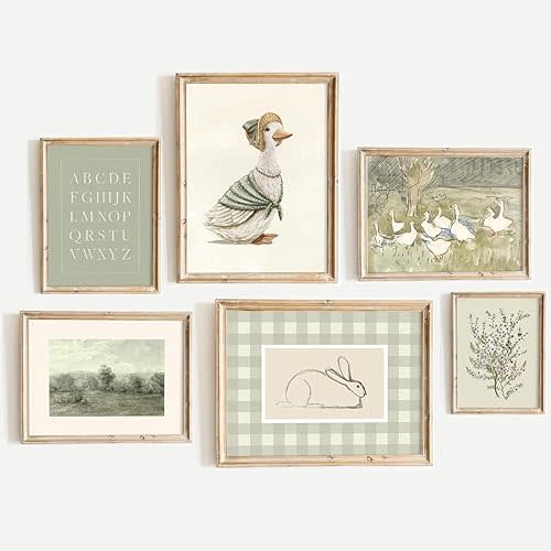 Vintage Nursery Wall Art Kids Canvas Poster Baby Room Wall Decor Sage Green Duck Wall Art Bunny Prints Floral Picture Nursery Children Artwork for Farmhouse Bedroom 8x10 Inch Unframed Set of 6