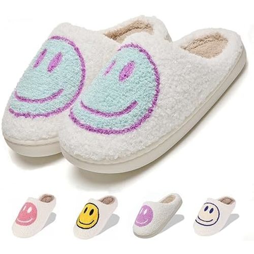 Fuzzy Slippers for Women Men, Cute Retro Fluffy Happy Face House Slippers, Plush Memory Foam Slippers for Women Indoor and Outdoor Cozy Trendy Slip-On Shoes