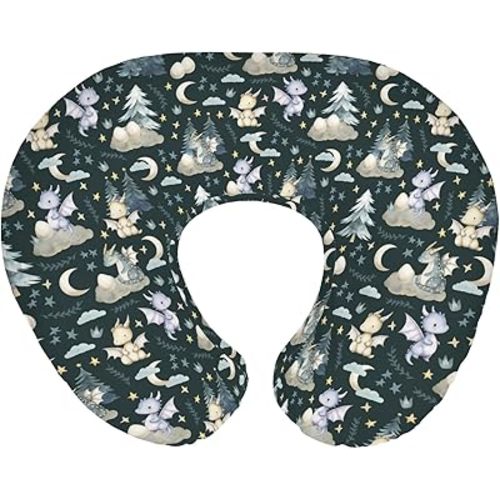 Fairytale Dragons Baby Nursing Pillow Cover for Boy Girl Cute Dragon Moon Stars Clouds Trees Eggs Nursery Pillowcase for Breastfeeding Pillows Fantasy Animal Soft Stretchy Slipcover for Newborn Infant
