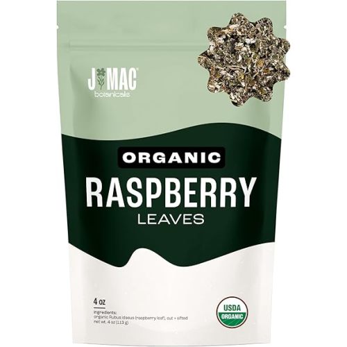 J Mac Botanicals, Organic Red Raspberry Leaf, Herbal tea (4 ounce bag 50+ cups) cut & sifted dried leaf