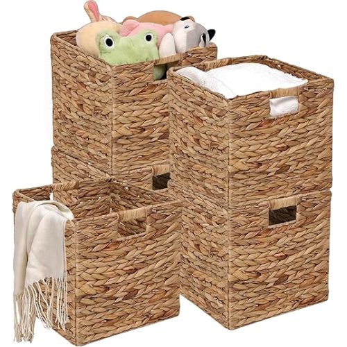 Wicker Storage Baskets Collapsible Water Hyacinth Basket for Organizing,Handwoven Woven Bins for Bedroom,Living Room,Shelves,Set of 5 Pcs-11x11x11inch