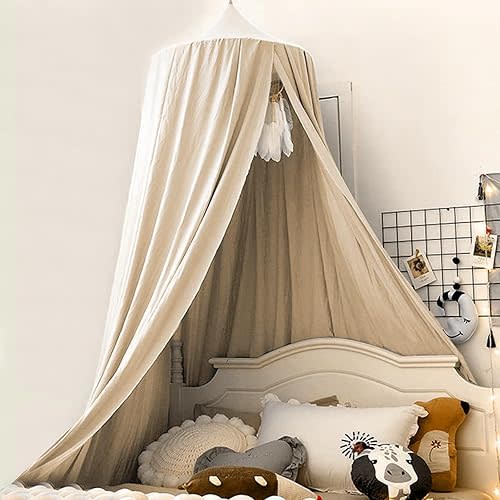 Bunnikins & Clover Bed Canopy for Girls Boys Bedroom Decor, Round Dome Mosquito Net for Baby Crib, Nook Castle Game Tent Nursery Decoration for Child, Play or Reading (Khaki)