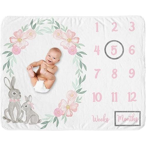 Sweet Jojo Designs Woodland Bunny Girl Milestone Blanket Monthly Newborn First Year Growth Mat Baby Shower Memory Keepsake Gift Picture - Blush Pink Mint Green Grey Boho Floral Watercolor Rose Flower