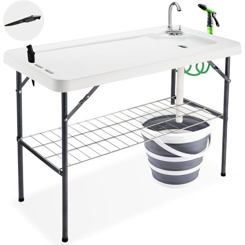 Folding Fish Cleaning Table with Collapsible Bucket, Portable Outdoor Fillet Station Camping Sink Table with Faucet, Drainage Hose & Sprayer, Grid Rack, Knife Groove for Picnic Fishing