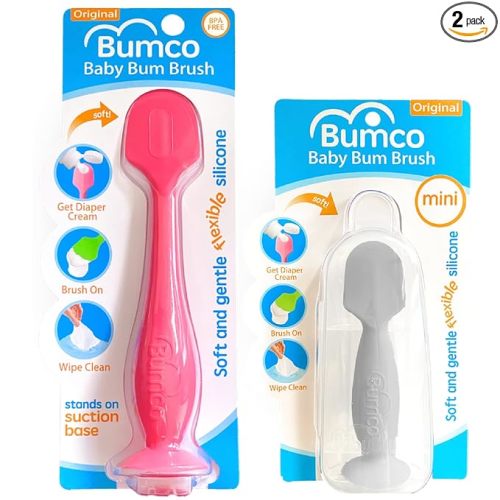 Bumco Baby Bum Brush + Mini Diaper Cream Spatula with Case - BPA-Free Butt Spatula Baby, Soft Diaper Spatula, Baby Diaper Cream Applicator, Mom-Invented Diaper Bag Essentials, Butt Spatula