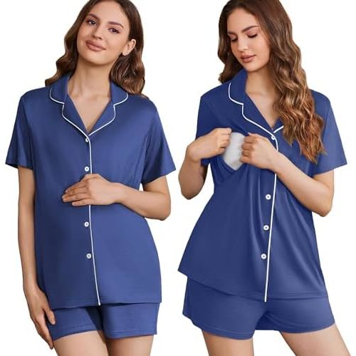 Ekouaer Women's Maternity Nursing Pajama Sets Button Down Postpartum Pajamas Short Sleeve Breastfeeding Clothes