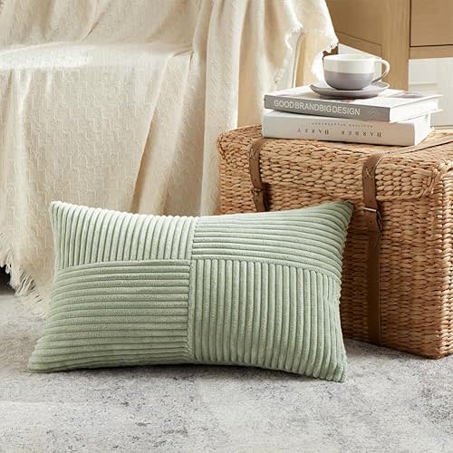 Fancy Homi Sage Green Lumbar Decorative Throw Pillow Covers 12x20 Inch for Living Room Couch Bed, Rustic Farmhouse Boho Home Decor, Soft Striped Corduroy Rectangle Accent Cushion Case 30x50 cm