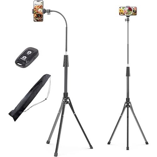 UBeesize 92’’ Cell Phone Tripod Stand with 16.5’’ Gooseneck and Remote, Overhead Tripod with Adjustable 360°Ball Head & Phone Holder for iPhone 14 Pro Max/Plus/13/12/11, Android Cell Phone