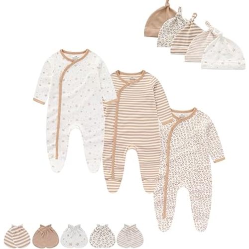 Baby Boy Girls Clothes 2-Way Zip Footed Long Sleeve 100% Cotton,Newborn Caps and Scratch Mittens Set, 3-6 Months