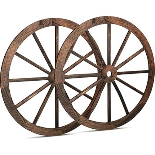 2 Pcs Wagon Wheel Decor Wooden Western Cowboy Party Decorations Vintage Rustic Wagon Wheel Wood Cartwheel Decor for Bar Garage Indoor Outdoor (Brown,12 Inch)