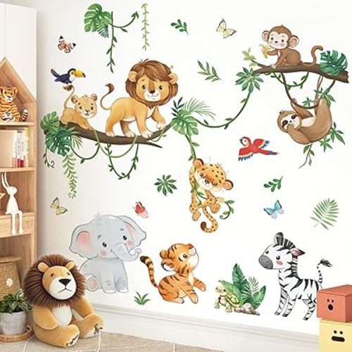 wondever Jungle Animals Tree Branch Wall Stickers Safari Lion Elephant Monkey Peel and Stick Wall Art Decals for Baby Nursery Kids Bedroom Living Room