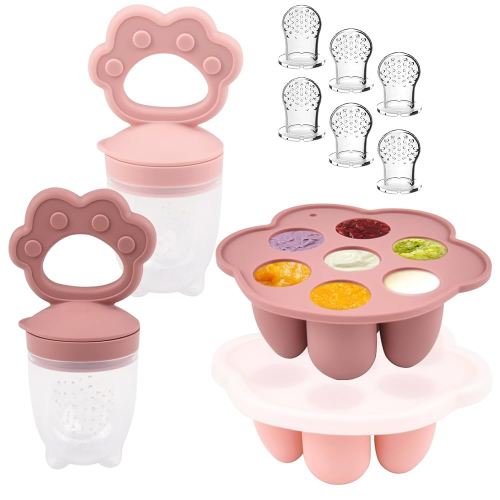 Ginbear Silicone Baby Fruit Food Feeder & Freezer Tray (Set of 2), Infant Teething Feeder Pacifiers with Popsicle Molds Combo 4 Months+ (Mauve/Baby Pink)