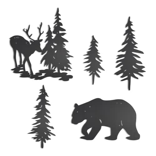 OYEFLY 5 Pieces Deer Bear Pine Tree Wall Decor,Rustic Wood Art Wall Decor (Black)