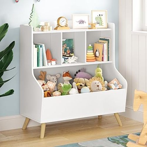 Kids Bookshelf and Toy Storage, 3-Tier Wooden Open Bookcase, Baby Book and Toy Storage Display Organizer with Spacious Top Shelf for Children, Family, White(Large Size)