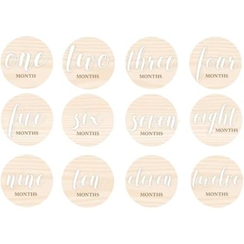 Kate & Milo Wooden Baby Monthly Milestone Discs, 12-Piece Double-Sided Month Markers with White Text for Newborn and Infant Photo Props