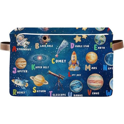 Space Planet Rectangle Storage Basket - Space Themed Collection Collapsible Storage Baskets with Handles - Astronaut Toy Bins - Cosmic Rocket Pattern Storages Bin for Kids Clothes, Gift, Book
