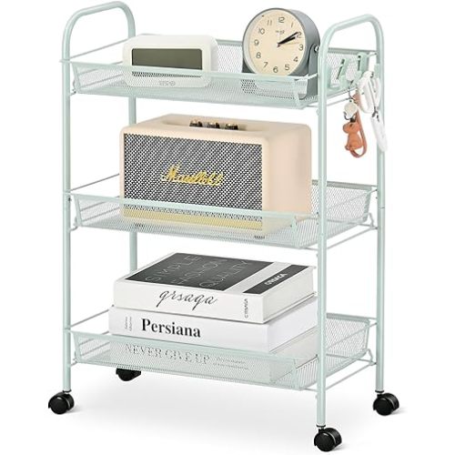 TOOLF 3-Tier Metal Rolling Cart, Mesh Wire Easy Assemble Utility Cart, Storage Trolley on Wheels with 3 Hooks, MetalStorage Shelving Units for Kitchen Bathroom Laundry Room
