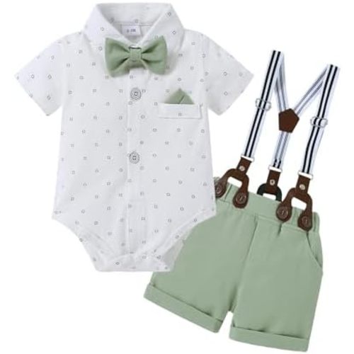 First Easter Outfit - Boys Clothes Dress Shirt/Bowtie/Suspender Shorts 3-6mths