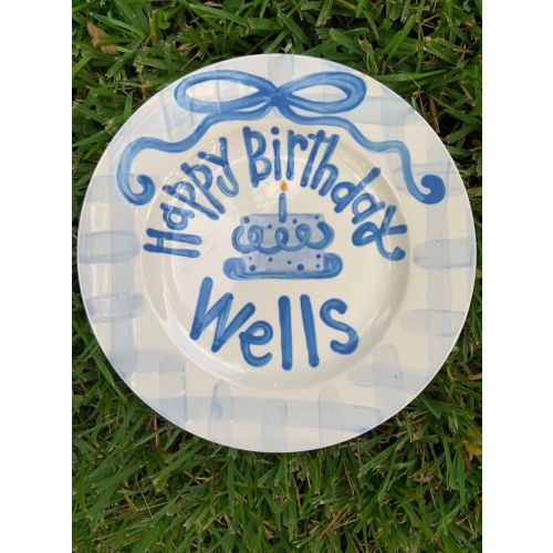 Boys preppy birthday plate / blue gingham and ribbon / first birthday / blue and white // smash cake // 1st birthday // grand millennial bow