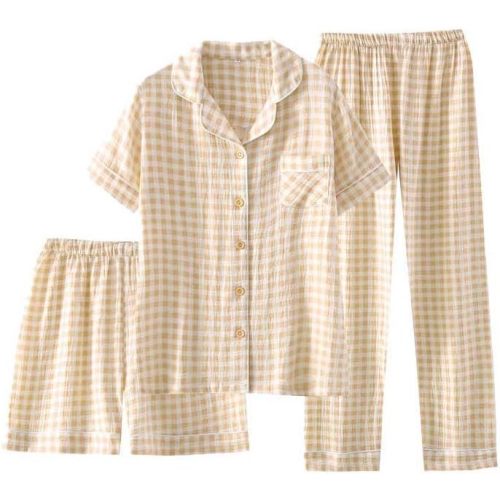 Womens Cotton Pajama Sets Plaid Short Sleeve Button Down Sleepwear Ankle Pants 3 Piece Gingham Pj Set