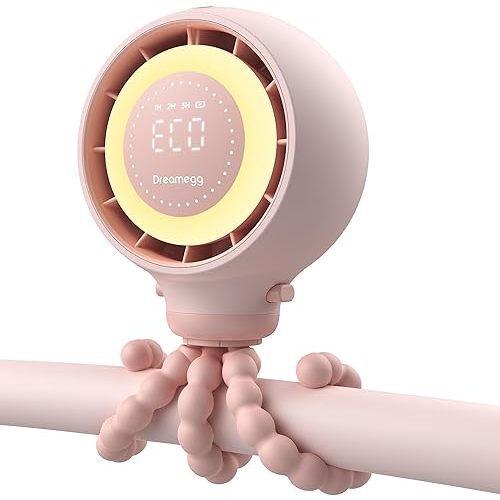 Dreamegg Portable Stroller Fan - 4000mAh Rechargeable Baby Stroller Fan With LED Display, Night Light, Hidden Blade, Detachable 4 Speed 360°Rotate, Handheld Cooling for Crib,Travel, Car Seat(Pink)