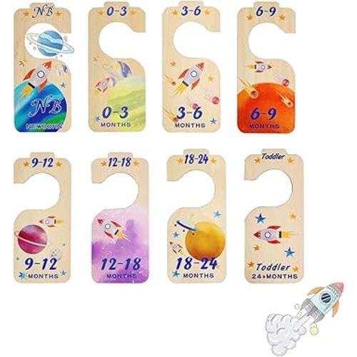 Wooden Baby Closet Dividers 8 Pcs, Space Rocket Pattern for Boys, Double Sided Organizer for Newborn to 24 Months Clothes Organizer & Storage Nursery Decor Hangers Dividers, Baby Born New Mother Gifts