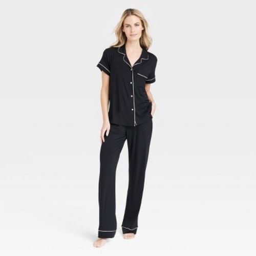 Women's Beautifully Soft Short Sleeve Notch Collar Top and Pants Pajama Set - Stars Above™, Color: Black  - Out of Stock, Size: M