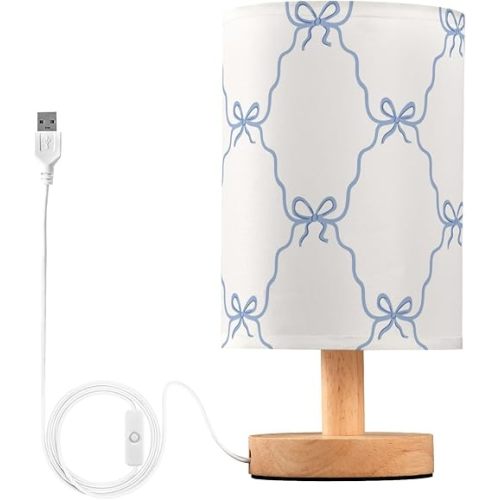 Blue Bows Bedside Table Lamp Nightstand Lamp with Wood Base Night Light Linen Fabric Shade for Bedroom Living Room Nursery Office Desk