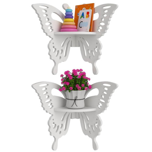 2-Tier Butterfly Corner Shelf - Nursery Wall Deor Floating Corner Shelf for Kid’s Room, Small Cute Decorative Shelf Wall Mounted, White Hanging Hollow Out Shelf for Toys, Plants and Storage