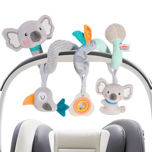 Baby Spiral Car Seat Toy, Stroller Hanging Sensory Toy for Newborn 0-12 Months, Soft Plush with Rattle Crinkle Teether, Koala Bird Activity Toy for Infant Boys Girls